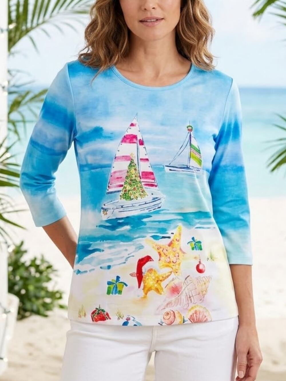 Coral Bay Christmas Coastal Tunic M Beach Holiday Festive Top